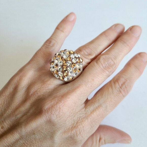 Clear acrylic Lucite dome cocktail ring with gold and clear rhinestones. - Picture 2 of 9